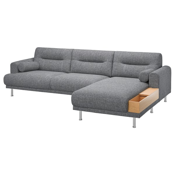 LÅNGARYD grijze gestoffeerde sectionele bank met houtopslag, modern design.