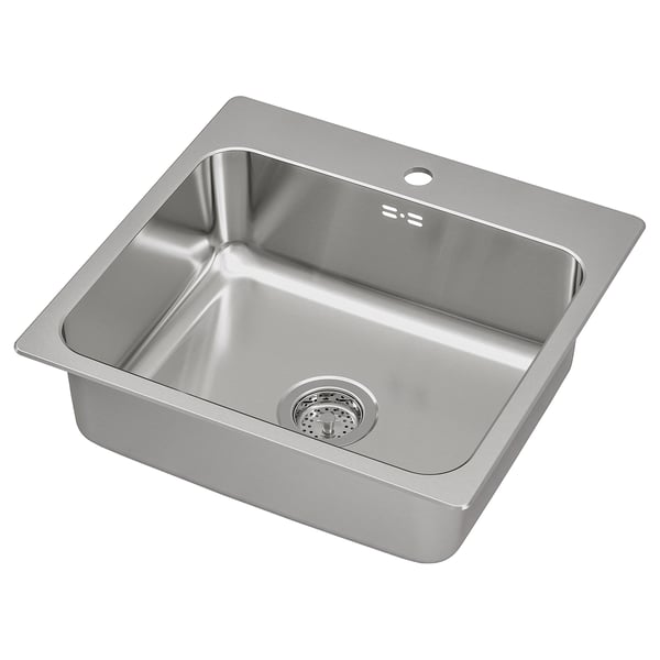 Roestvrijstalen gootsteen, vierkante vorm, enkele diepe wastafel, met afdruiprek, strak modern design.