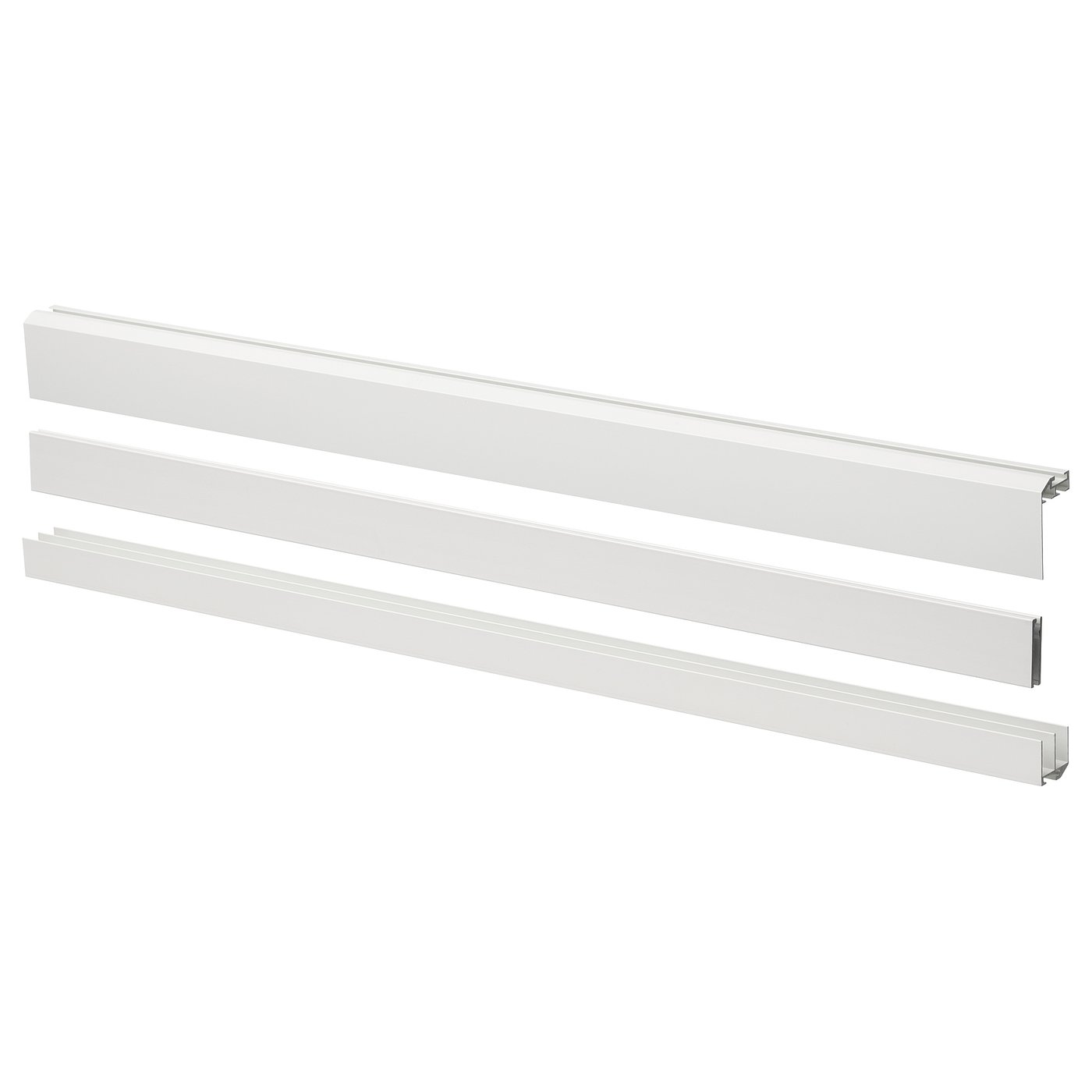 Drie zilveren aluminium rails voor schuifdeuren.