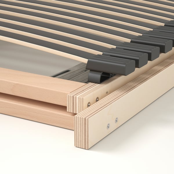 Close-up van houten lattenbodem Zichtbare verstelbare lamellen en solide frame met zichtbare schroeven.