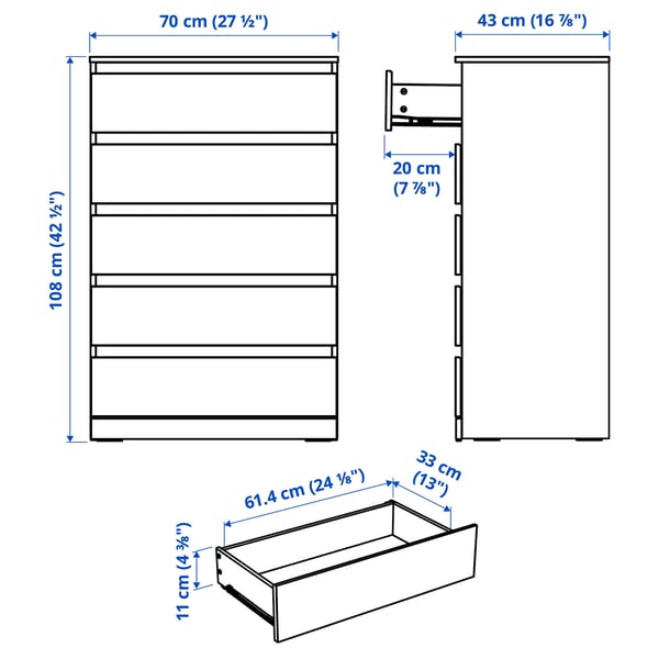 LILLBERGET Ladekast 5 lades, wit, 70x43x108 cm