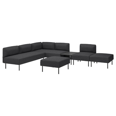 Moderne grijze stof LILLEHEM sectionele bankstel. Strak, minimalistisch ontwerp met metalen poten. Inclusief hoekmeubel, stoelen, poef en bijzettafel.