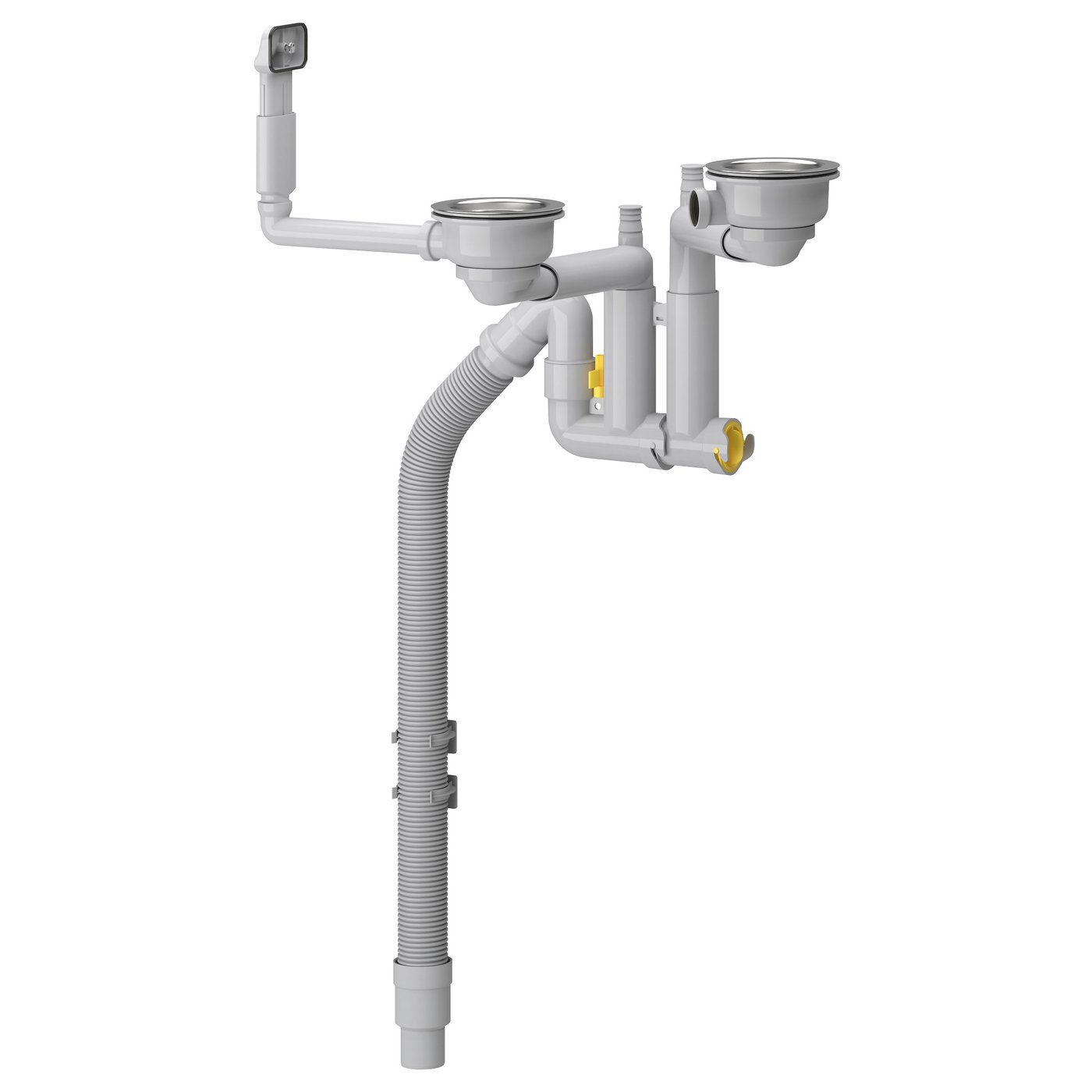 Een LILLVIKEN grijs sanitair systeem met buizen en een zeef van wit plastic en roestvrij staal. Het bevat een flexibele slang en een reinigingsplug.