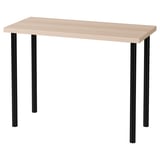 LINNMON bureau: rechthoekig blad, zwarte metalen poten, licht hout, eenvoudig modern design.