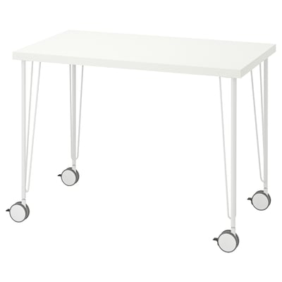 Wit LINNMON bureau met metalen poten en wieltjes.