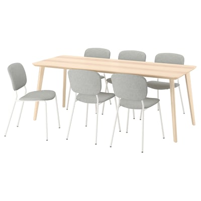 LISABO / VIHALS Tafel met 6 stoelen, essen/wit Tibbleby beige/grijs, 200x78 cm