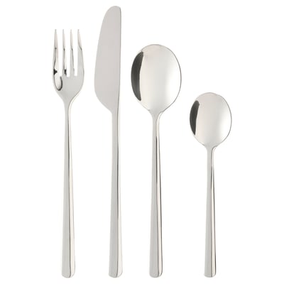 Een set LÖFTESRIK roestvrijstalen bestek: vork, mes, twee lepels. Strakke, moderne lijnen met afgeronde details. Zilver van kleur, gepolijste afwerking.