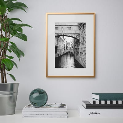 Ingelijste zwart-witte brugfoto hangt aan de muur, geflankeerd door planten en boeken.