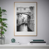 Ingelijste zwart-witte foto van de kanaalbrug hangt aan de muur met plant en boeken eronder.