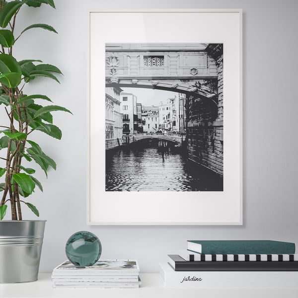 Een ingelijste zwart-witte grachtenscène met brug en een plank eronder met boeken, een groene bol en een potplant.