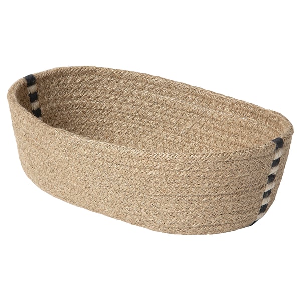 MÄVINN jute mand, natuurlijke kleur, ronde vorm, zwart witte accenten, handgemaakt.