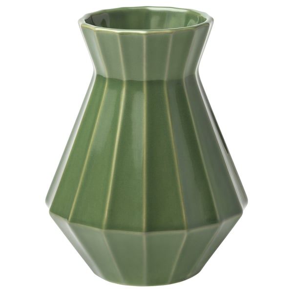 Groene geometrische steengoed vaas met scherpe randen, handgemaakt door ambachtslieden. Decoratief met of zonder bloemen.