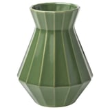 Groene geometrische steengoed vaas met scherpe randen, handgemaakt door ambachtslieden. Decoratief met of zonder bloemen.