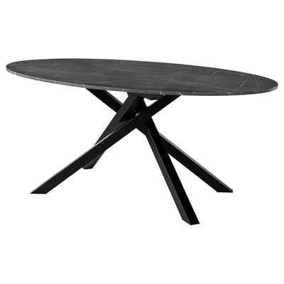 Is van een moderne MARIEDAMM tafel, ovaalvormig met een strak zwart marmeren blad. Het kruiste metalen poten en zorgde voor een stevig en eigentijds ontwerp.