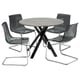 Moderne ronde eethoek met grijze stoelen, strak metalen tafelonderstel en stijlvol design.