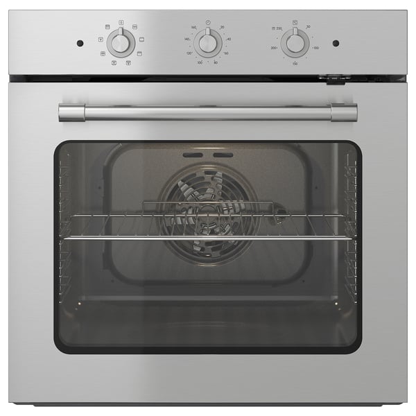 Roestvrijstalen oven met zwarte binnenkant, bedieningsknoppen, temperatuurmarkeringen en handvat. Modern, strak design.