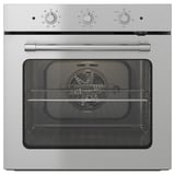 Roestvrijstalen oven met zwarte binnenkant, bedieningsknoppen, temperatuurmarkeringen en handvat. Modern, strak design.