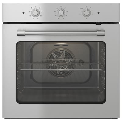 Roestvrijstalen oven met zwarte binnenkant, bedieningsknoppen, temperatuurmarkeringen en handvat. Modern, strak design.