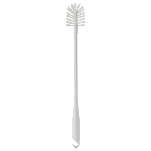 Witte flessenborstel met lang handvat voor het schoonmaken van flessen en potten, inclusief haak.