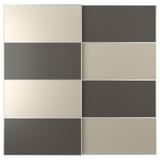 MEHAMN-deur: ontwerp met 6 panelen, 3 lichtbeige, 3 donkergrijs, rechthoekig, hardboard, aluminium rail.
