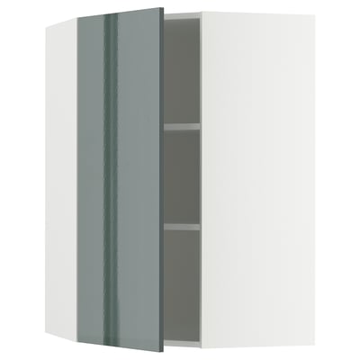 METOD grijsgroene glanzende keukenkast, strak rechthoekig design, open deur die verstelbare plank onthult.