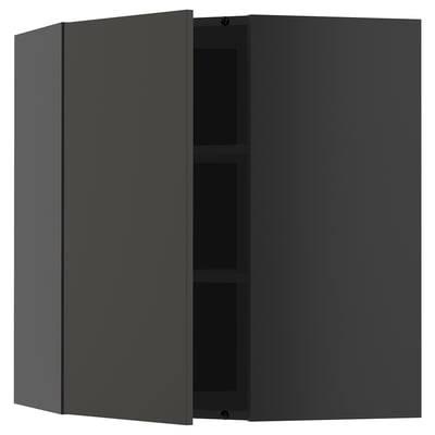 Modulaire hoekkast in donkergrijs met twee legplanken, strak en minimalistisch.