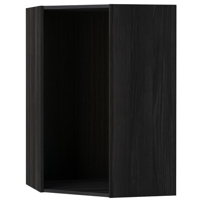 Zwarte houten open kast, hoekvormig, onderdeel van ikeas METOD keukensysteem.