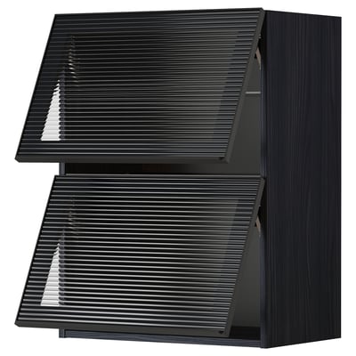 Zwarte moderne keukenkast met twee donker getinte glazen deuren, met strakke metalen frames en verticale rieten glasstructuur.