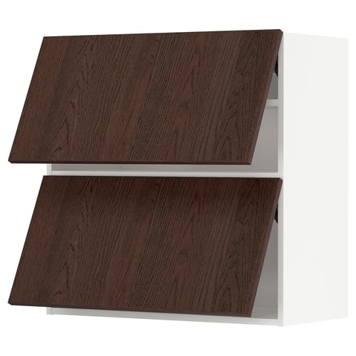 Donkerbruine houten ladefronten met eikenfineer en massief houten randen, gevat in witte kastframes.