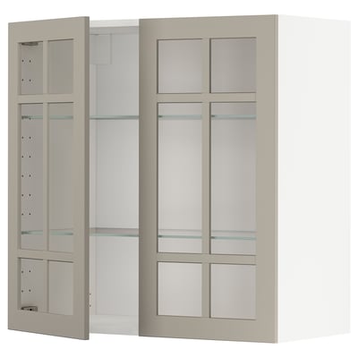 METOD keukenblok met beige stensund glazen deuren, met verstelbare planken en een ontwerp van gehard glas.