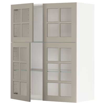 METOD keukenunits, beige, glazen deuren & planken.