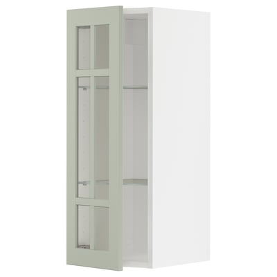 METOD keukenkast met groene stensund glazen deuren, wit frame, rechthoekig, modern design.