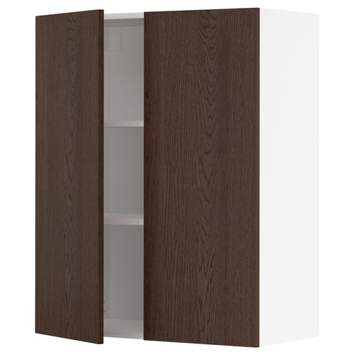 Donkerbruine wandkast met twee open deuren die lege planken laten zien.