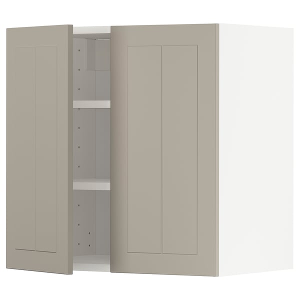 METOD keukenkast in beige met twee deuren, een verstelbare plank en spaanplaatconstructie.