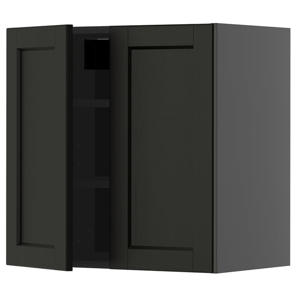 Grijze ikea METOD keukenkast, open met verstelbare plank.