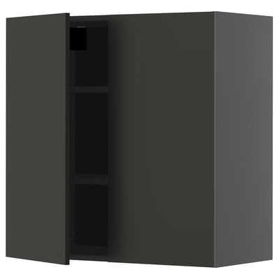 Deze afbeelding toont een moderne zwarte METOD keukenwandkast. De vierkante vorm heeft een strak ontwerp en twee verstelbare planken aan de binnenkant.