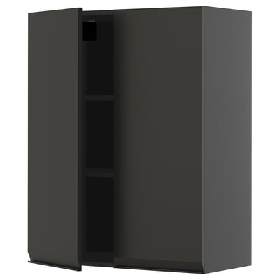 METOD zwarte wandkast met twee planken, strak design, geïntegreerde handgreep.