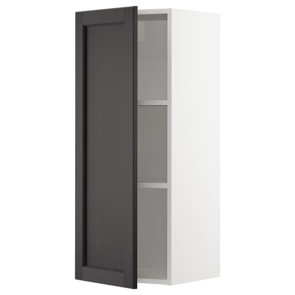 METOD keukenkast, wit & zwart gebeitst, hoog met plank, open deur.