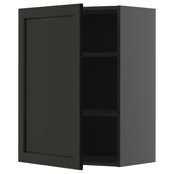 Grijze keukenkast, enkele plank, modern design.