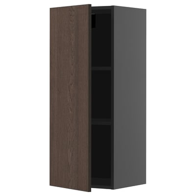 Moderne kast: METOD in donkerbruin met eikenfineer, rechthoekige vorm, enkele verstelbare plank, strak design.