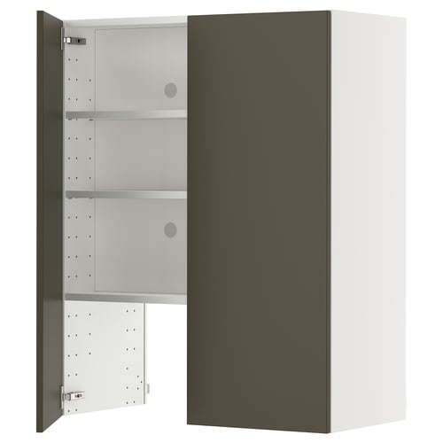 Een METOD keukenkast met donkerbruine havstorp fronten, voorzien van een witte verstelbare plank, stevig frame en klikscharnieren.