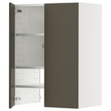 Een METOD keukenkast met een donkerbruin en beige design, voorzien van een verstelbare plank en klikscharnieren.