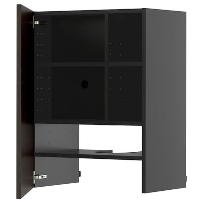 Moderne donkerbruine houten kast, open binnenplanken, verstelbare planken, stevig frame.