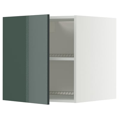 Moderne witte kast met groene deur, glanzende afwerking, twee planken, vierkante vorm.