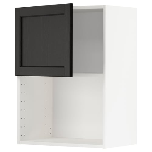 METOD keukenkast: zwart gebeitste essenhouten deur, wit interieur, vierkante vorm.