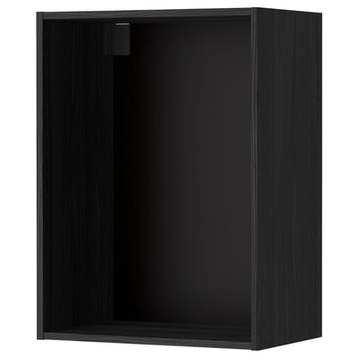 Zwarte METOD wandkast, rechthoekig, houten, geen deur, leeg van binnen.