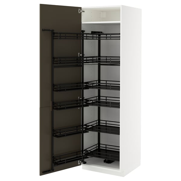 Witte keukenkast met uittrekbare planken, strakke en moderne stijl, met donkere metalen rekken, perfect voor opslag.