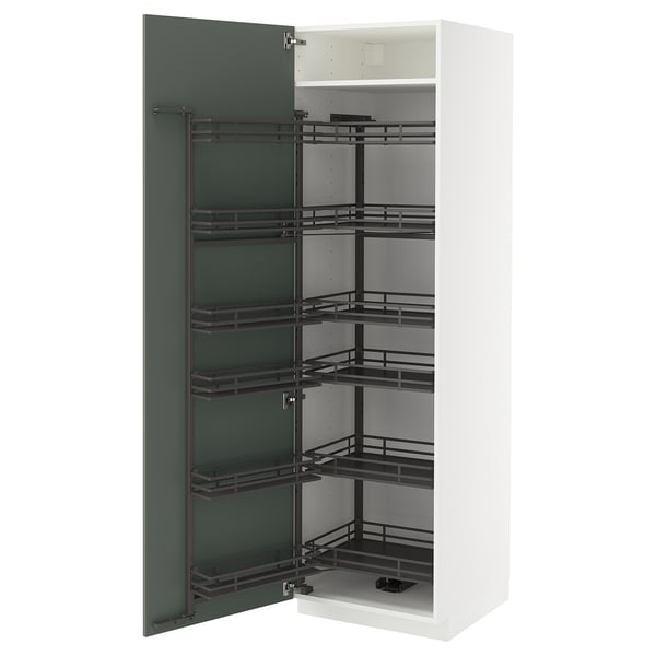 Modulaire keukenkast, wit met groen-grijze uittrekbare planken.