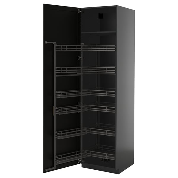 Zwarte strakke hoge kast met meerdere binnenplanken. Modern keukenblok met zwarte afwerking en metalen manden.