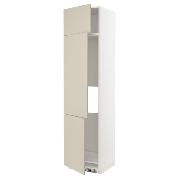 Beige keukenkast met wit frame en verstelbare legplanken.